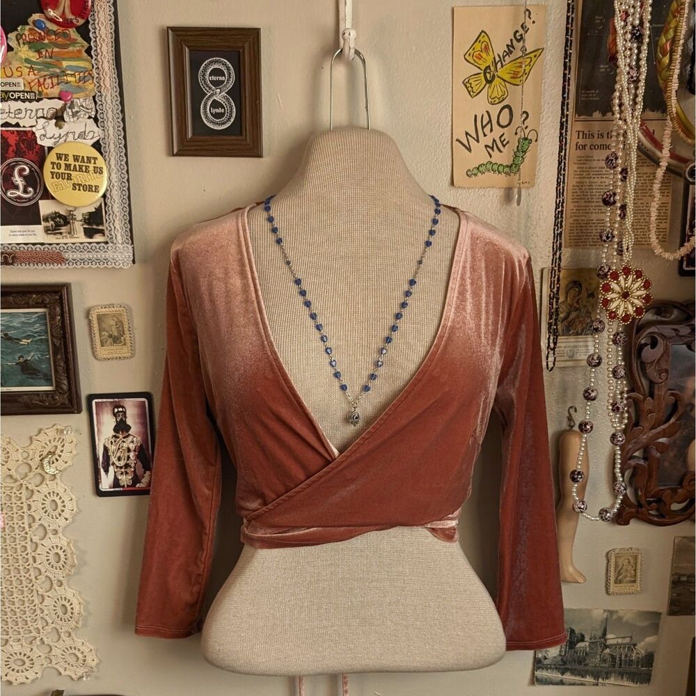 Velvet Wrap Crop Top Women's Medium Pink Tied V-Neck Bohemian